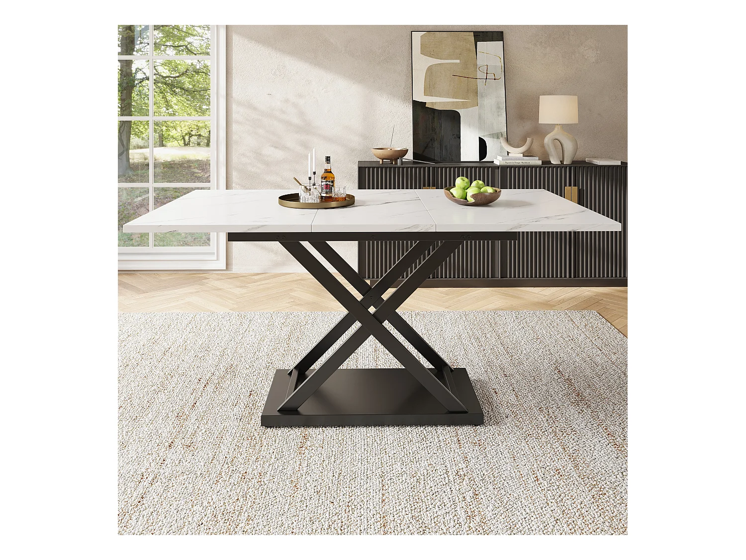 Table à manger en blanc - Table à manger extensible avec pieds croisés en fer noir - pour cuisine et salon