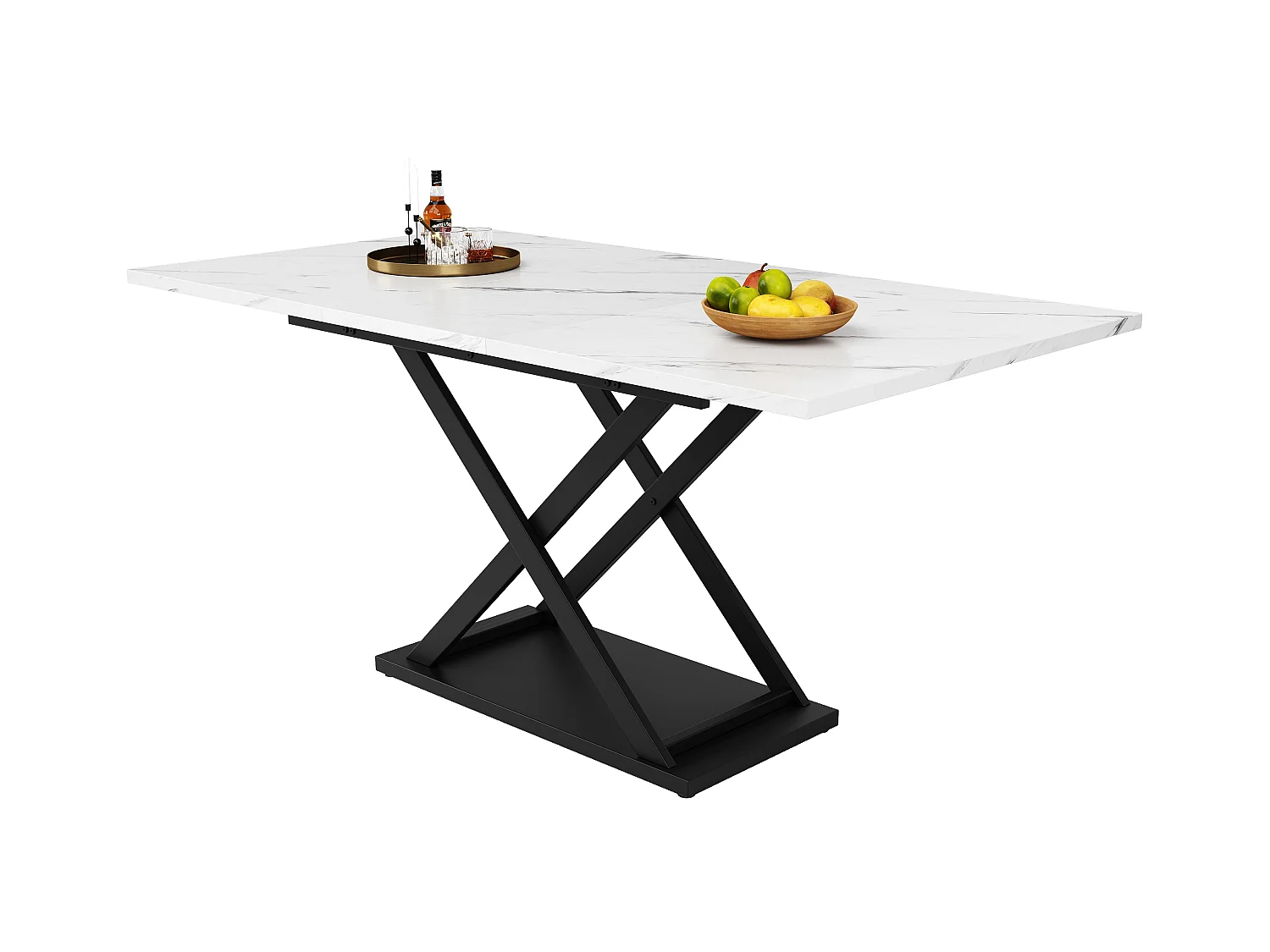 Table à manger en blanc - Table à manger extensible avec pieds croisés en fer noir - pour cuisine et salon