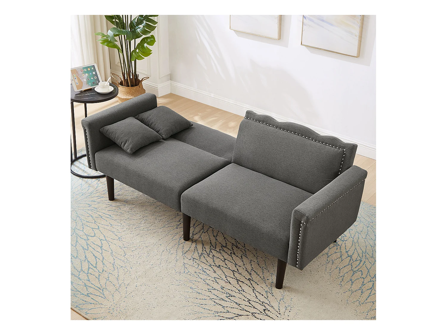 Canapé relaxation gris - Canapé avec dossier réglable et 6 pieds en bois - pour salon et chambre