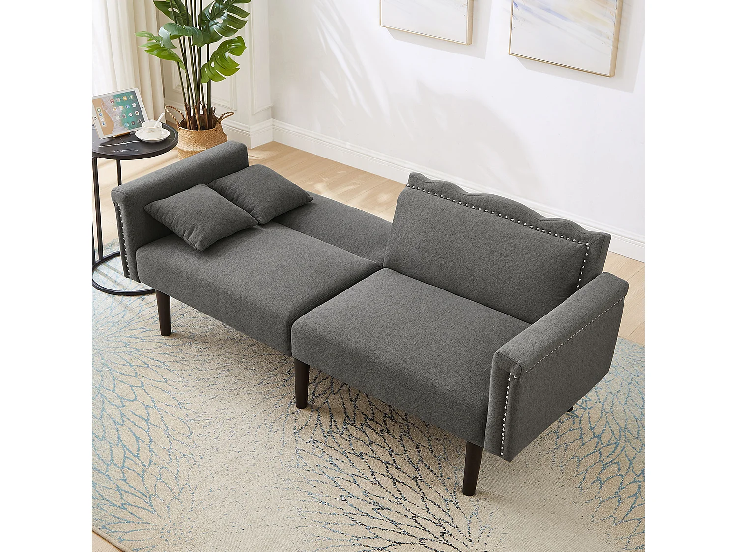 Canapé relaxation gris - Canapé avec dossier réglable et 6 pieds en bois - pour salon et chambre