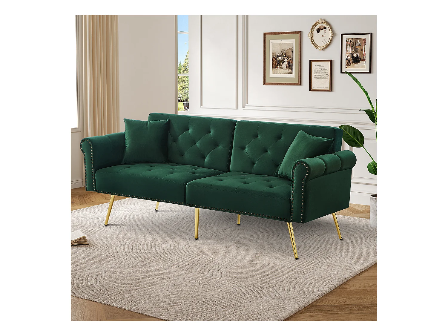 Sofá relax verde - Sofá con respaldo y reposabrazos regulables - 6 patas de metal - para salón y dormitorio