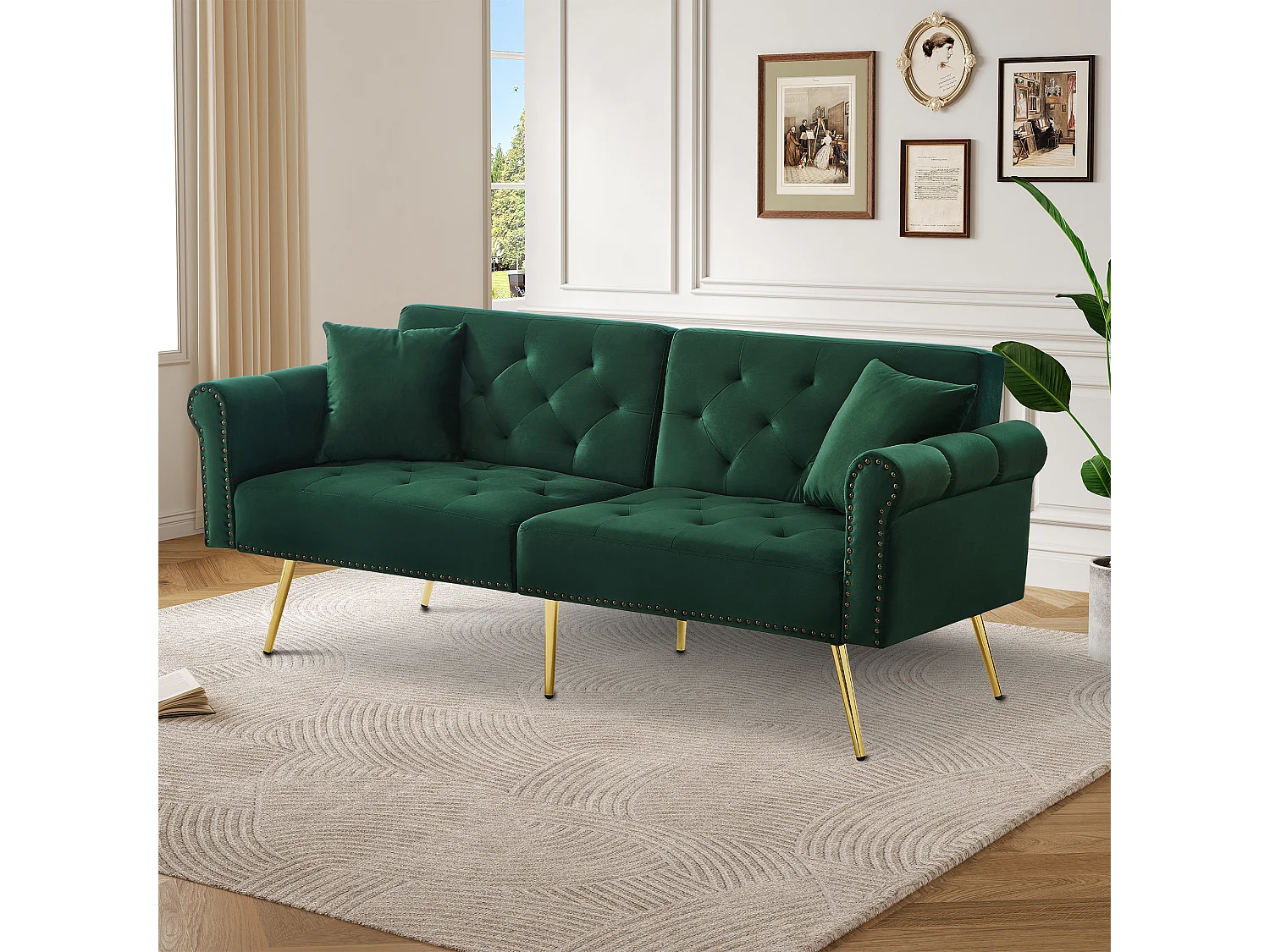 Canape 2 places vert - Canapé avec dossier réglable et accoudoirs - 6 pieds en métal - pour salon et chambre