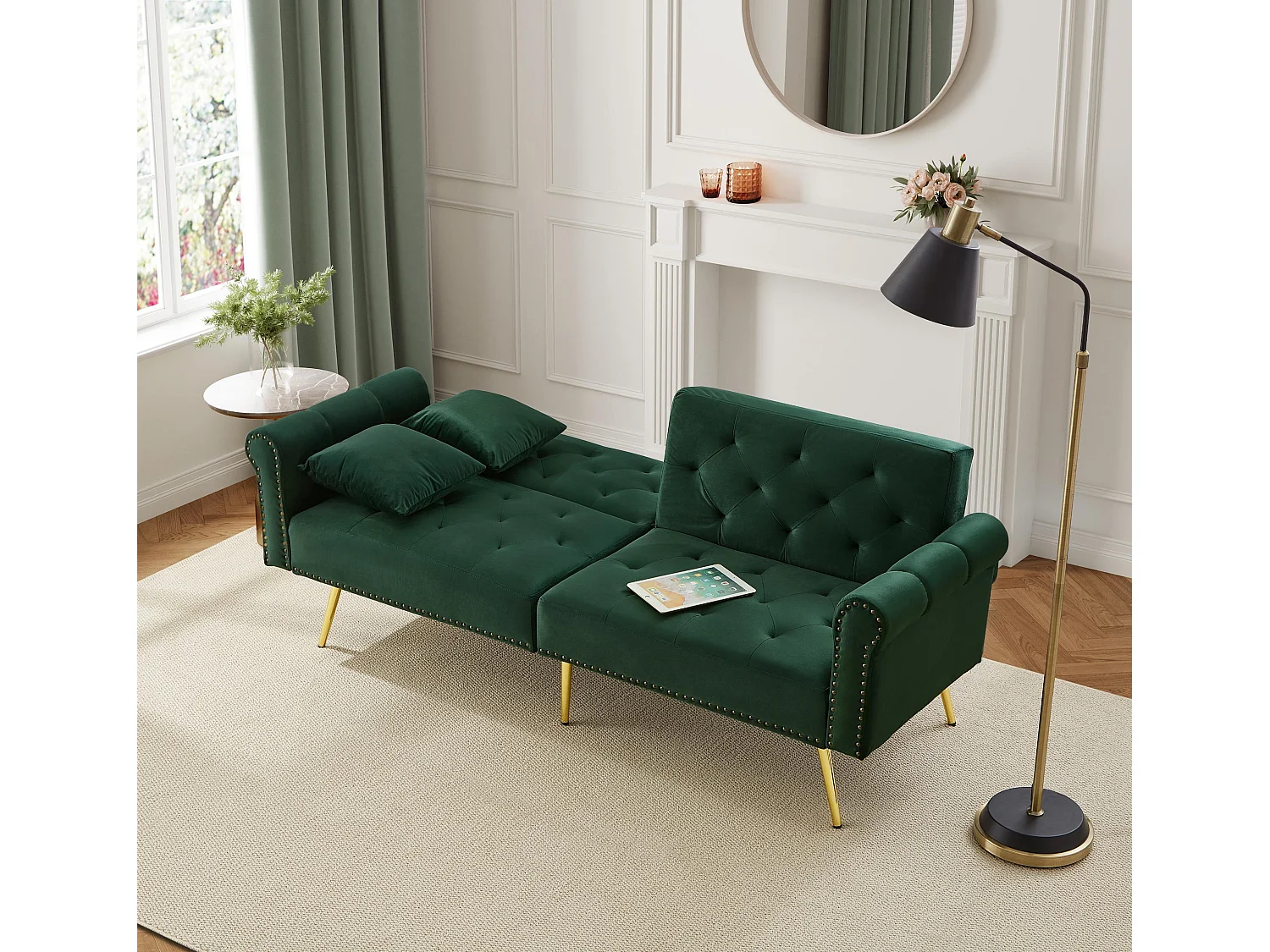 Canape 2 places vert - Canapé avec dossier réglable et accoudoirs - 6 pieds en métal - pour salon et chambre