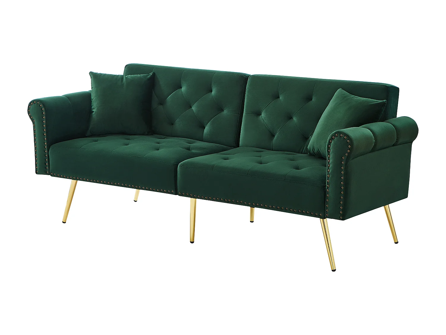 Canape 2 places vert - Canapé avec dossier réglable et accoudoirs - 6 pieds en métal - pour salon et chambre