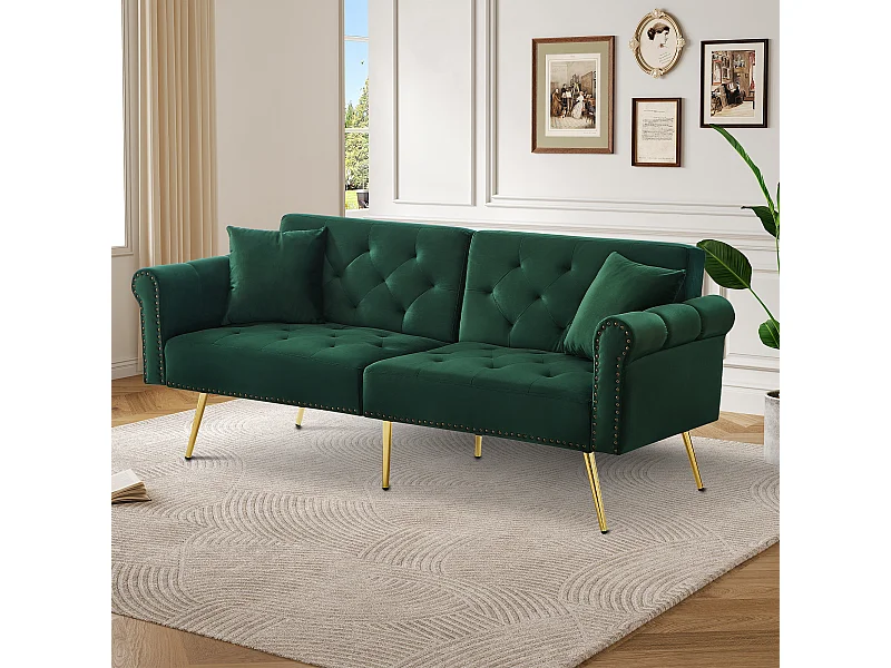 Canape 2 places vert - Canapé avec dossier réglable et accoudoirs - 6 pieds en métal - pour salon et chambre