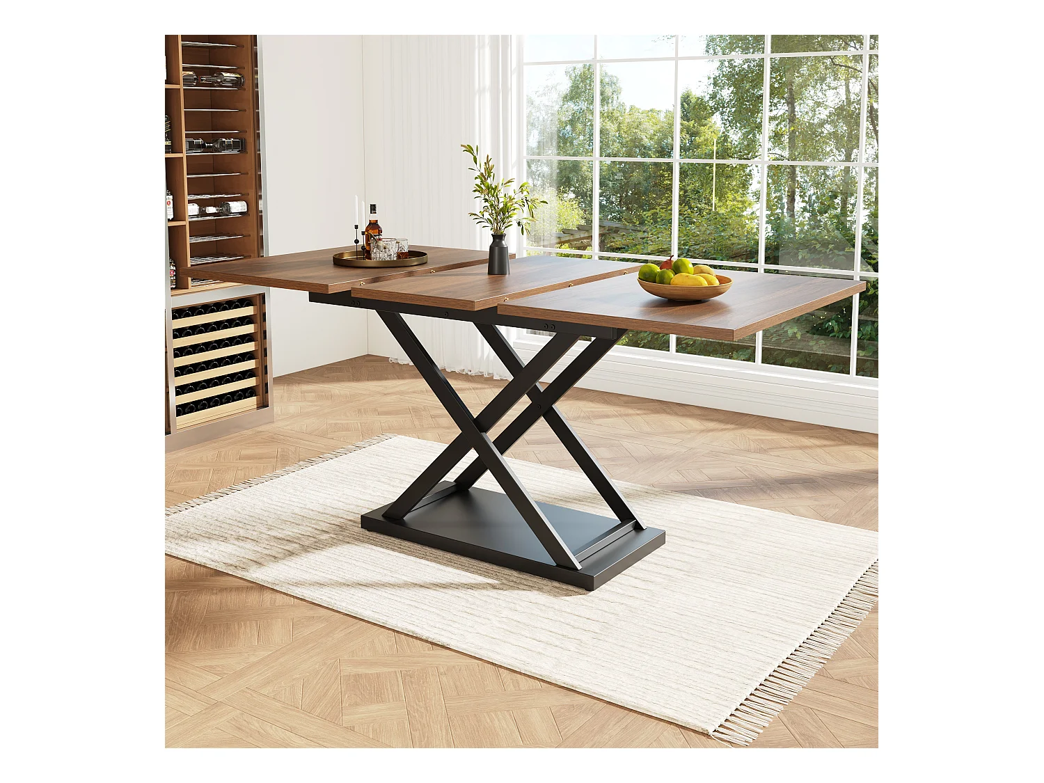 Table à manger en noyer - Table à manger extensible avec pieds croisés en fer noir - pour cuisine et salon