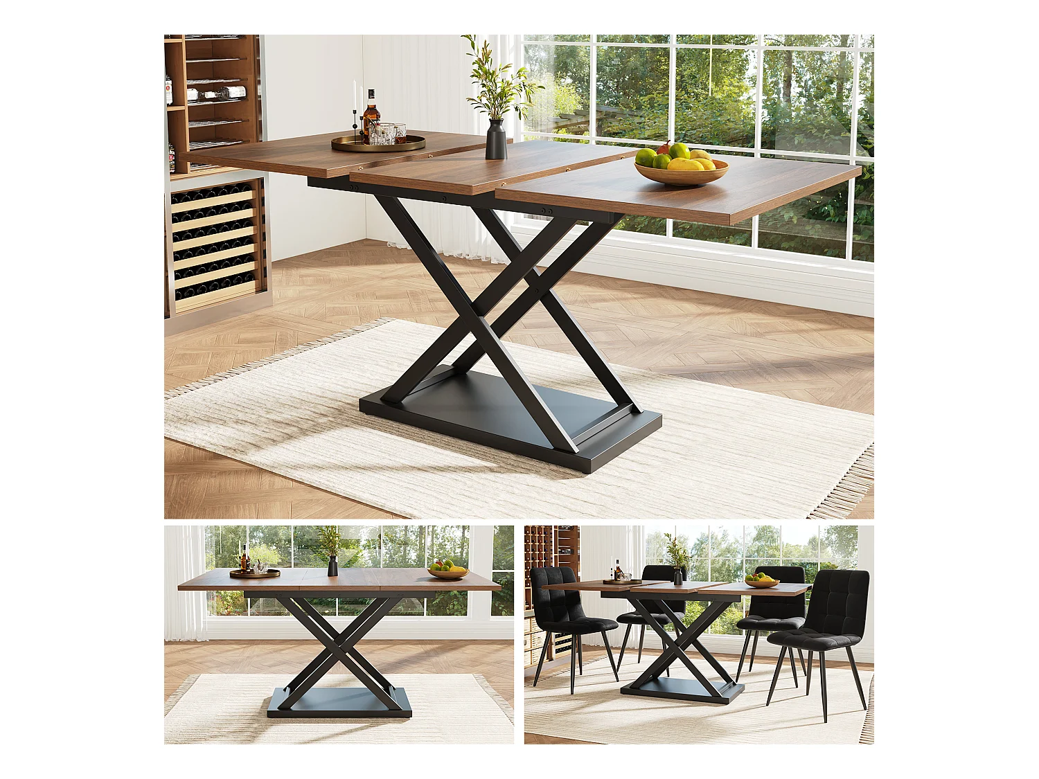 Table à manger en noyer - Table à manger extensible avec pieds croisés en fer noir - pour cuisine et salon