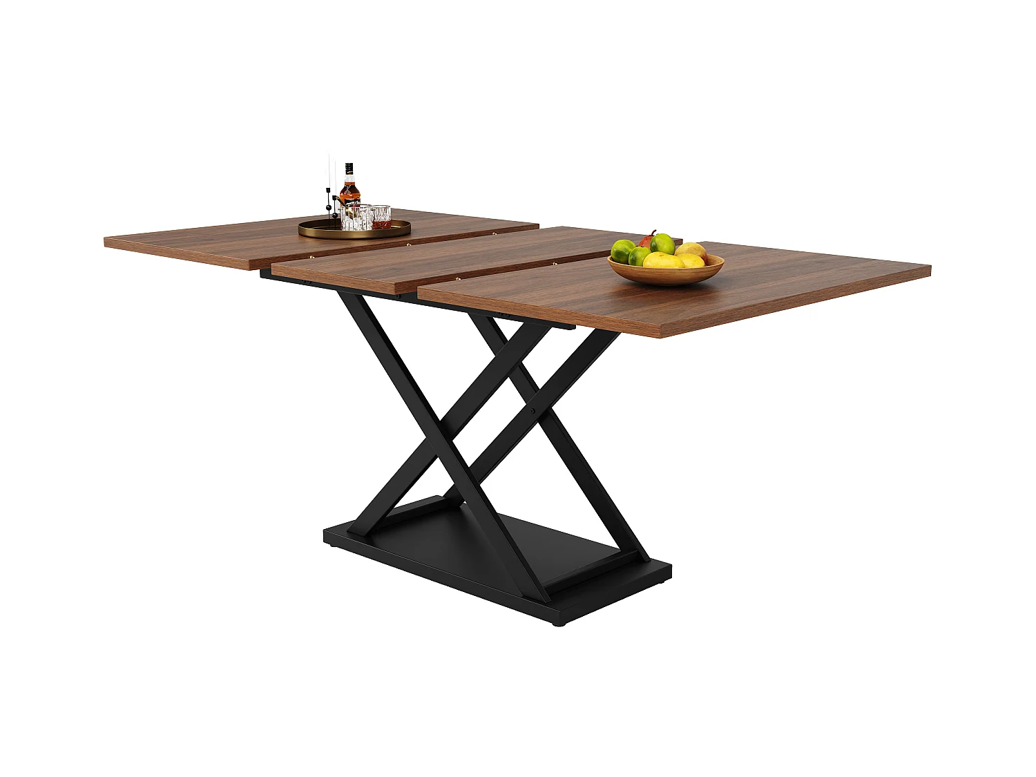 Table à manger en noyer - Table à manger extensible avec pieds croisés en fer noir - pour cuisine et salon