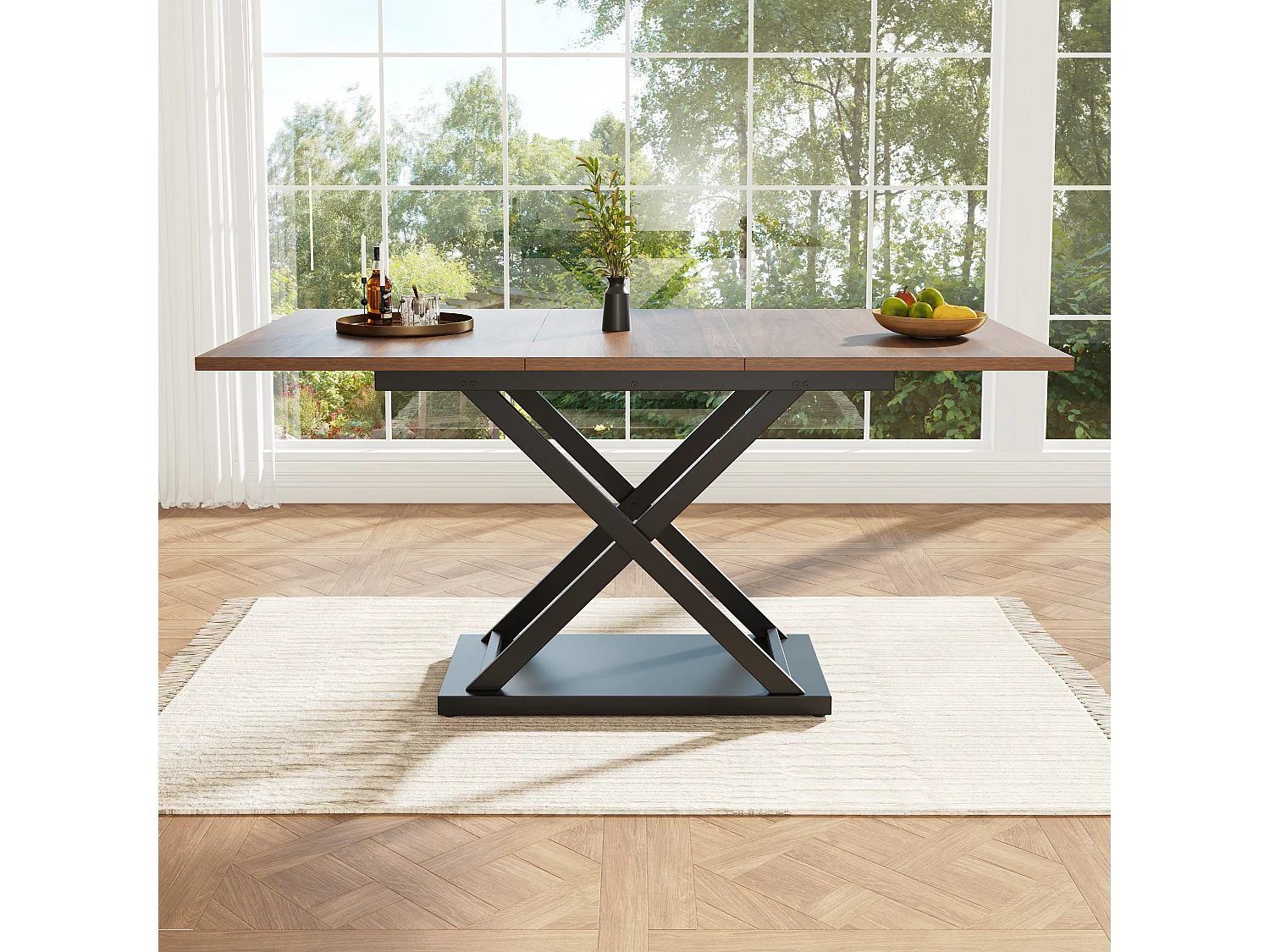 Esstisch aus Walnussholz – Ausziehbarer Esstisch mit schwarzen Eisenkreuzbeinen – für küche und wohnzimmer