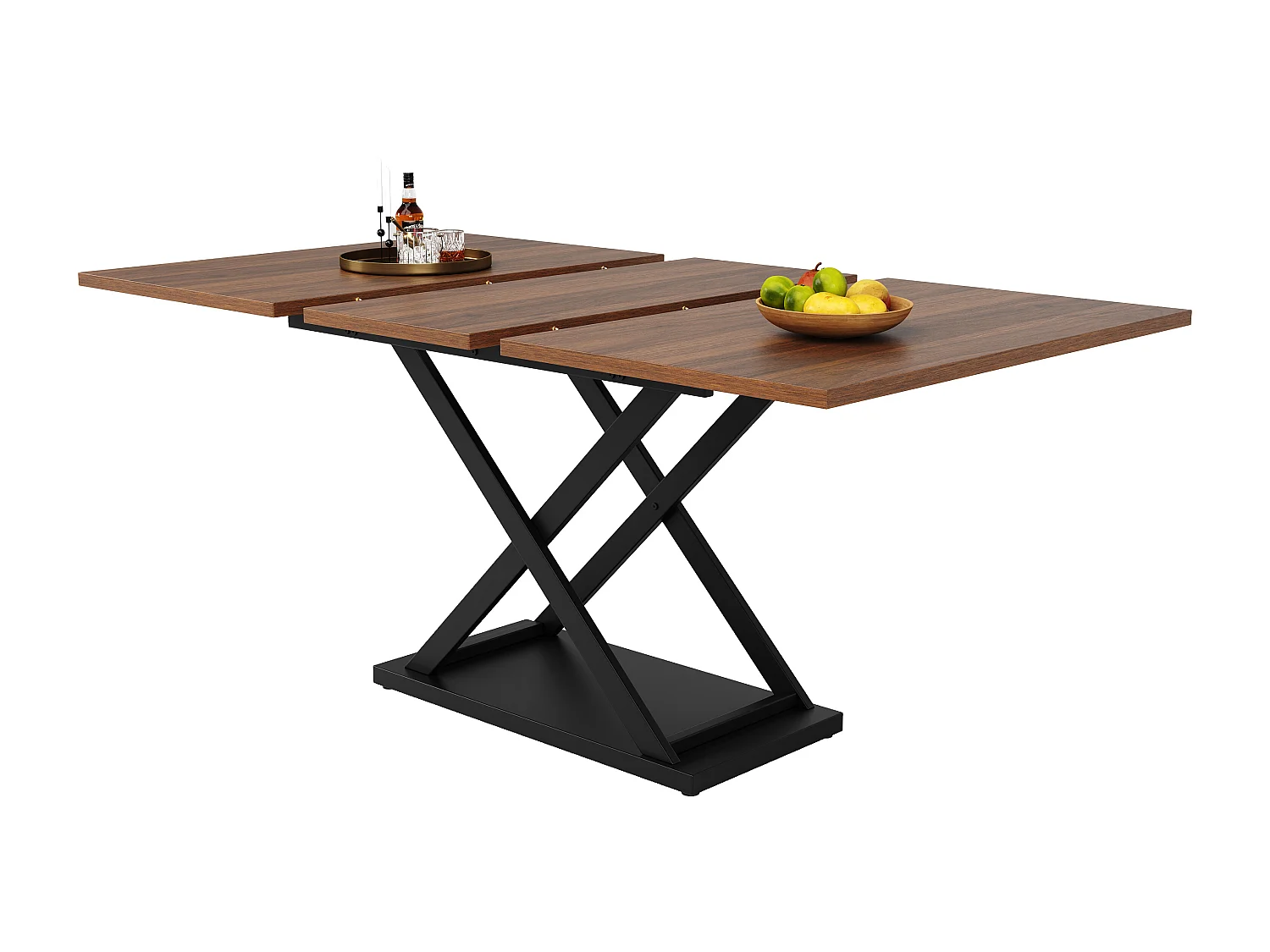 Esstisch aus Walnussholz – Ausziehbarer Esstisch mit schwarzen Eisenkreuzbeinen – für küche und wohnzimmer