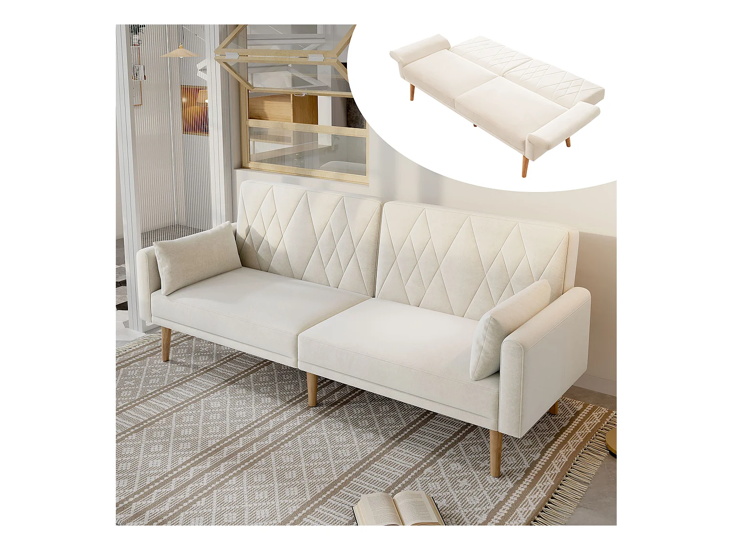 Canape 2 places beige - Canapé avec pieds et accoudoirs en bois - convient au salon et à la chambre