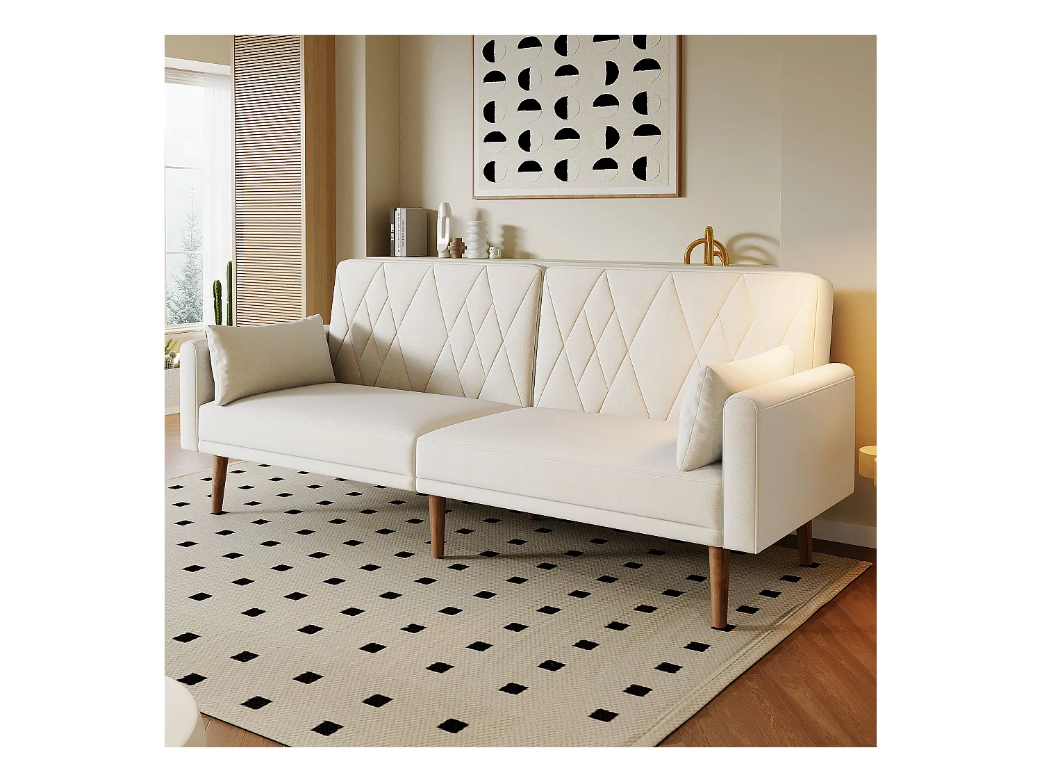 Canape 2 places beige - Canapé avec pieds et accoudoirs en bois - convient au salon et à la chambre