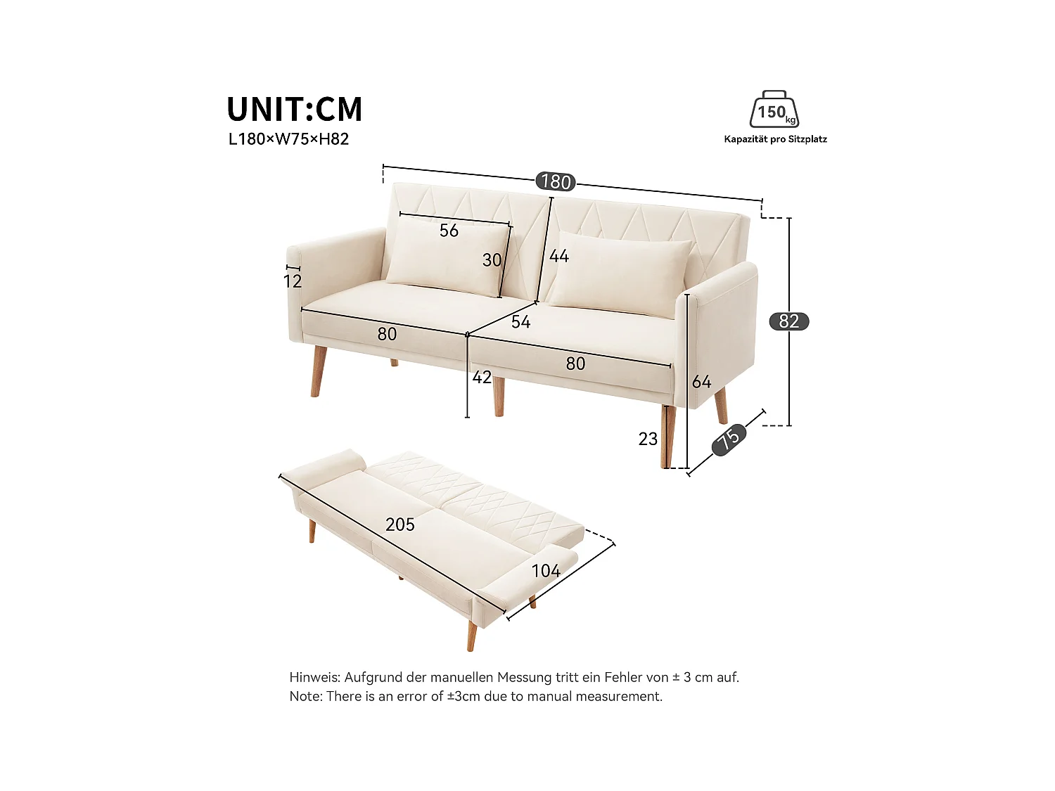 Canape 2 places beige - Canapé avec pieds et accoudoirs en bois - convient au salon et à la chambre