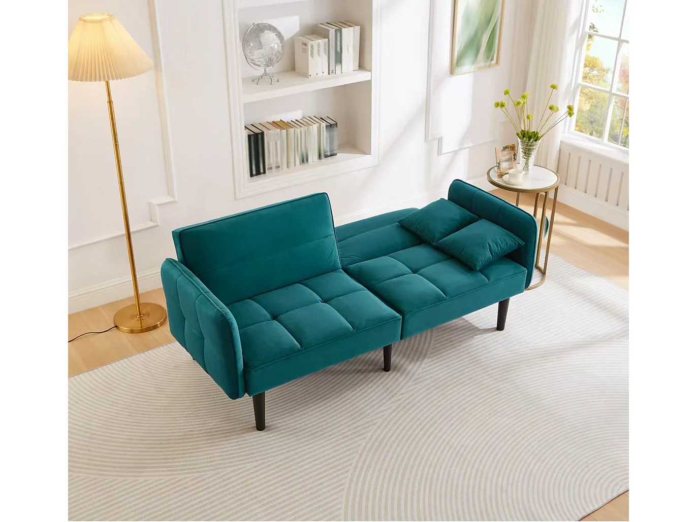 Grünes Loungesofa - Sofa mit klappbaren Armlehnen und 2 Kissen - sechs beine aus massivholz - für wohn- und schlafzimmer