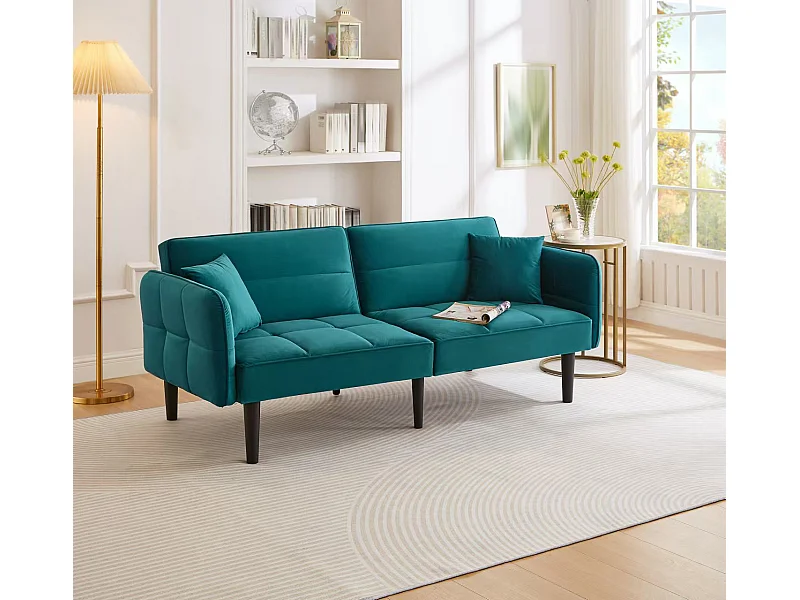 Sofá de salón verde - Sofá con reposabrazos abatibles y 2 cojines - seis patas de madera maciza - para salones y dormitorios