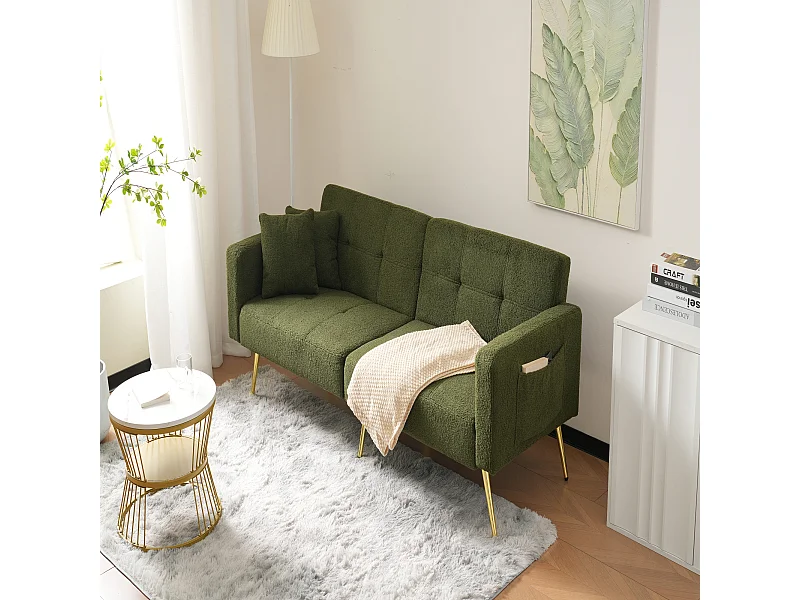 Sofá relax verde - Sofá con cojines y bolsillos de almacenamiento - patas doradas - para sala de estar y dormitorio