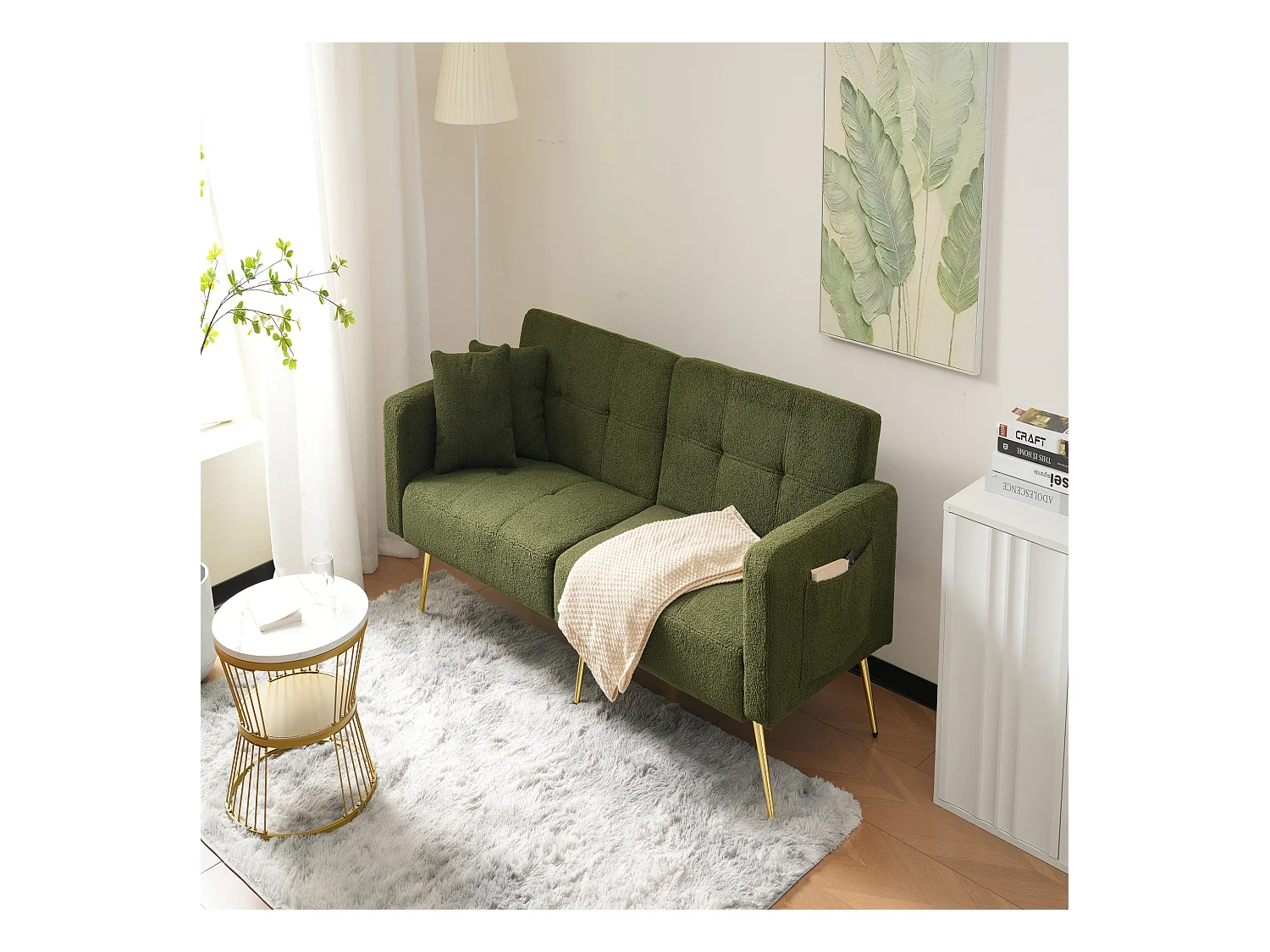 Canape 2 places vert - Canapé avec coussins et poches de rangement - pieds dorés - pour salon et chambre