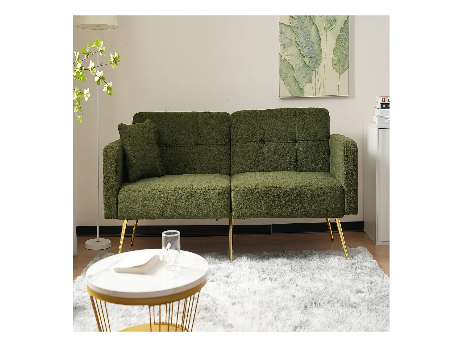 Canape 2 places vert - Canapé avec coussins et poches de rangement - pieds dorés - pour salon et chambre