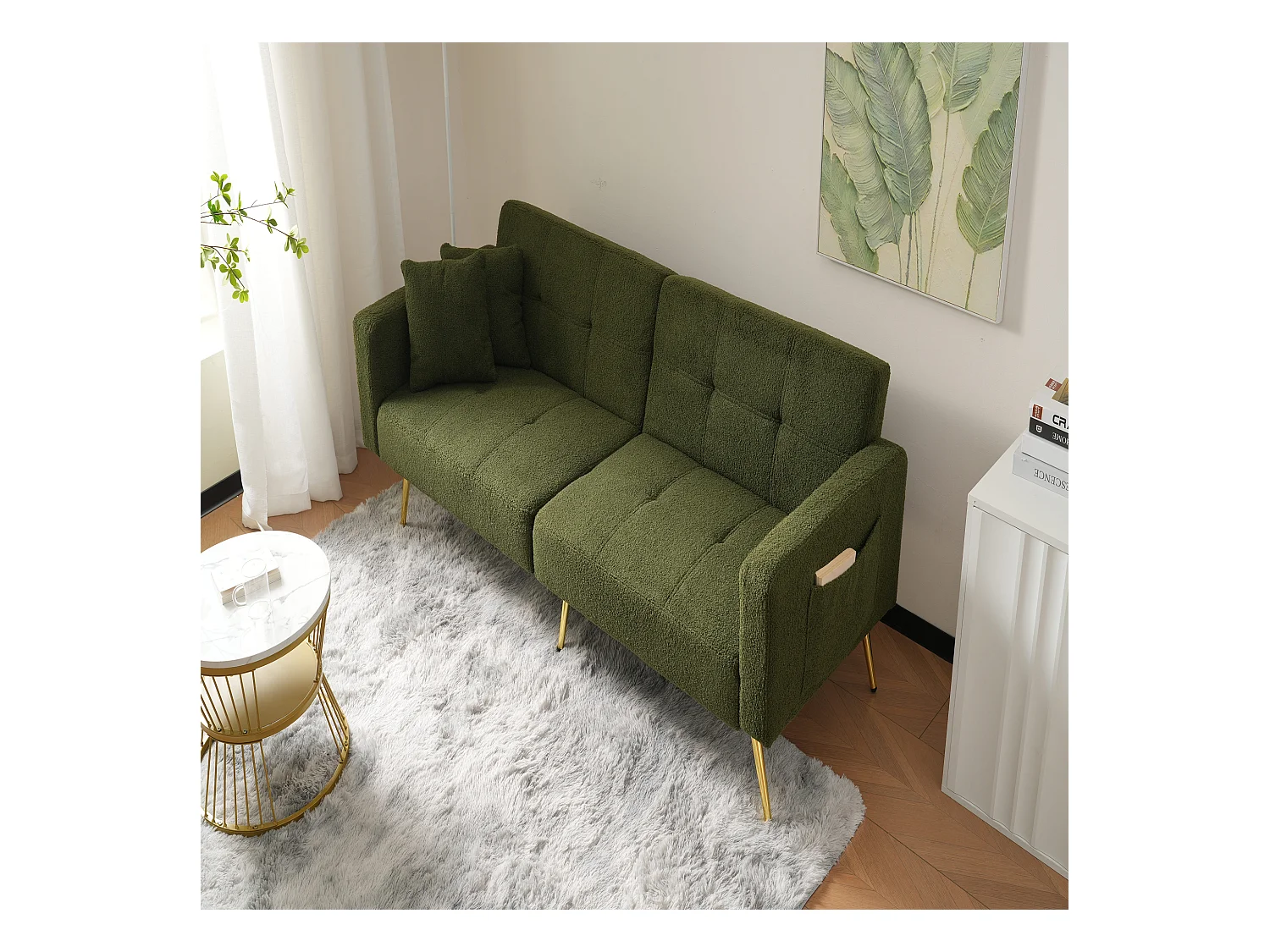 Canape 2 places vert - Canapé avec coussins et poches de rangement - pieds dorés - pour salon et chambre