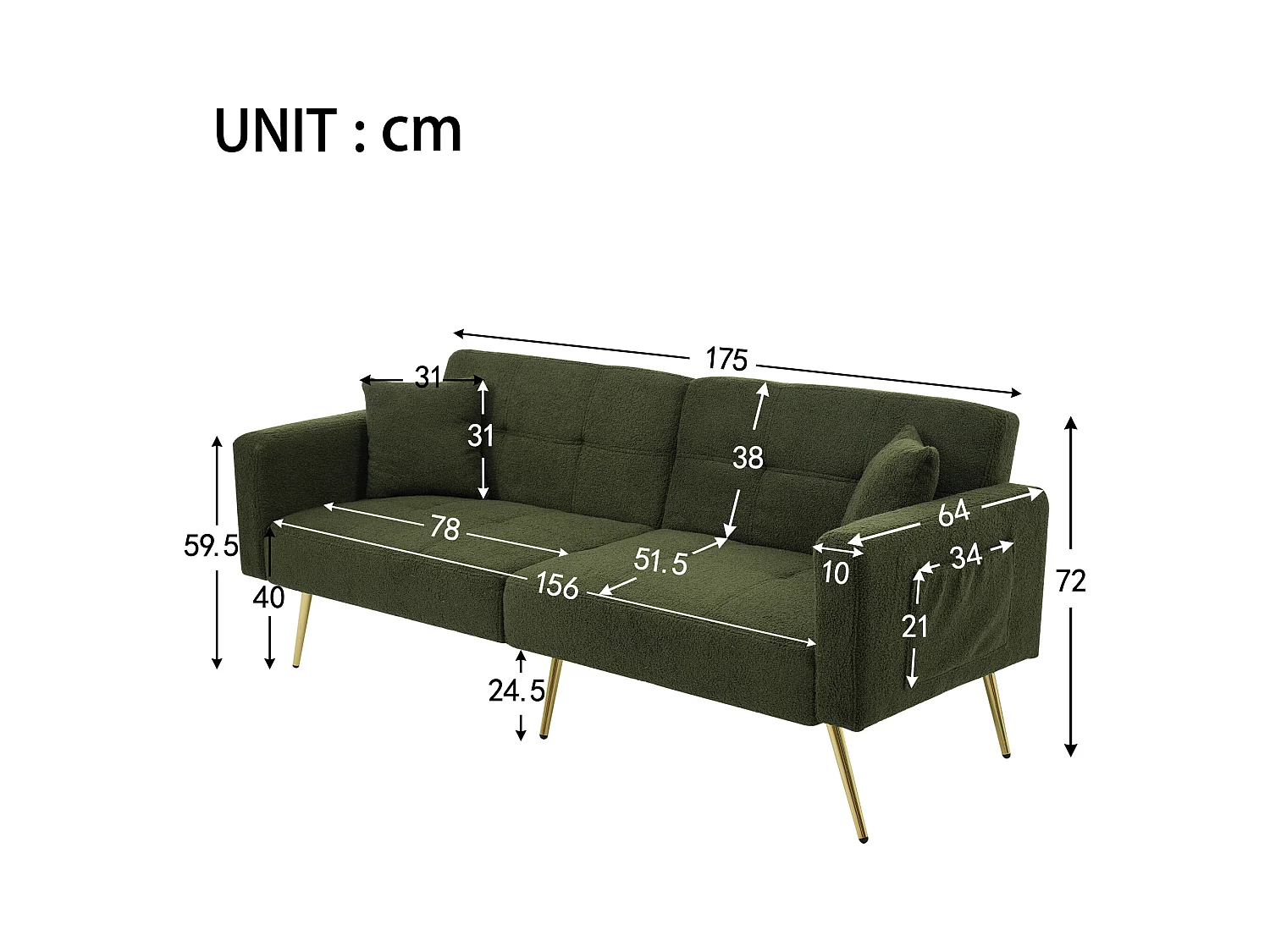 Canape 2 places vert - Canapé avec coussins et poches de rangement - pieds dorés - pour salon et chambre