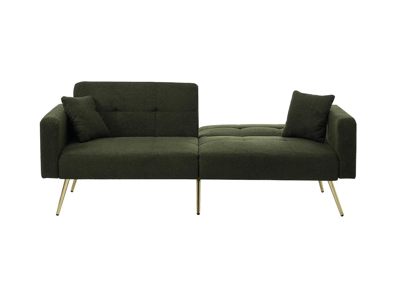 Canape 2 places vert - Canapé avec coussins et poches de rangement - pieds dorés - pour salon et chambre