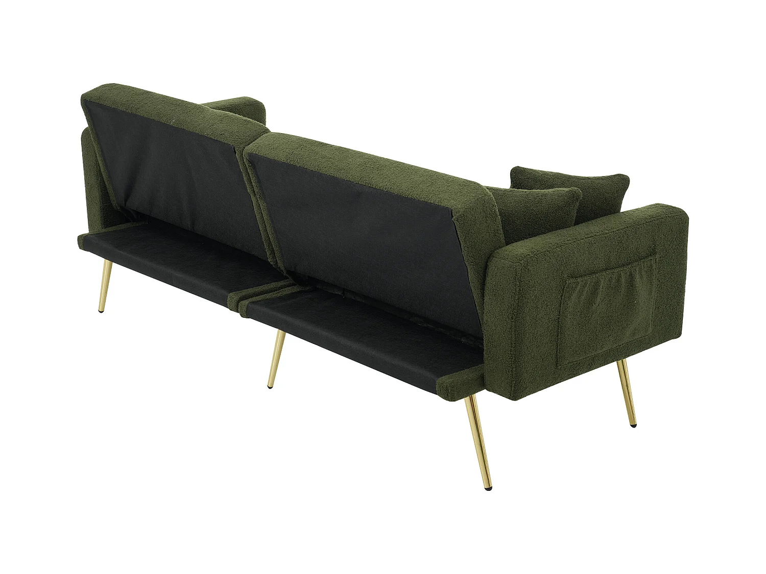 Canape 2 places vert - Canapé avec coussins et poches de rangement - pieds dorés - pour salon et chambre