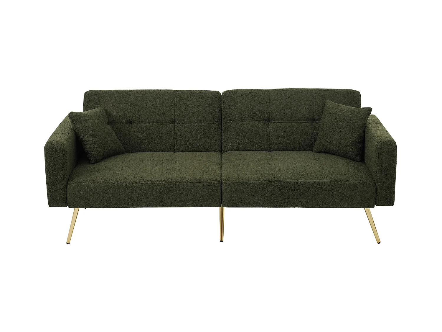 Canape 2 places vert - Canapé avec coussins et poches de rangement - pieds dorés - pour salon et chambre