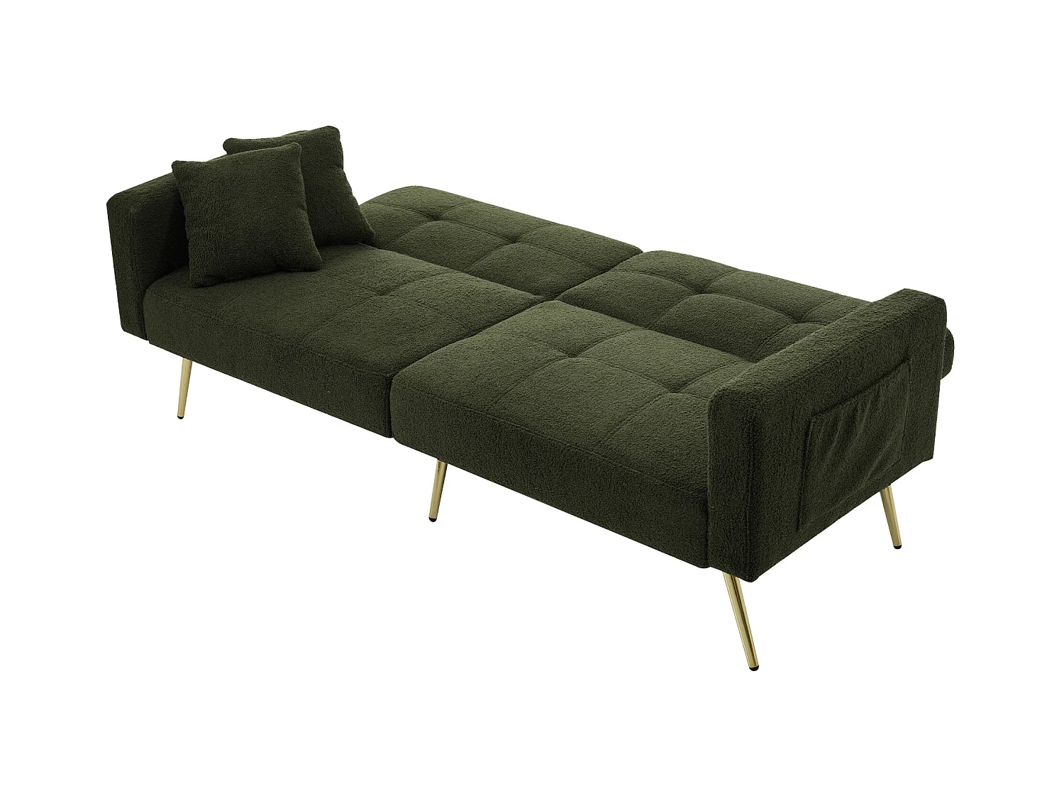 Canape 2 places vert - Canapé avec coussins et poches de rangement - pieds dorés - pour salon et chambre