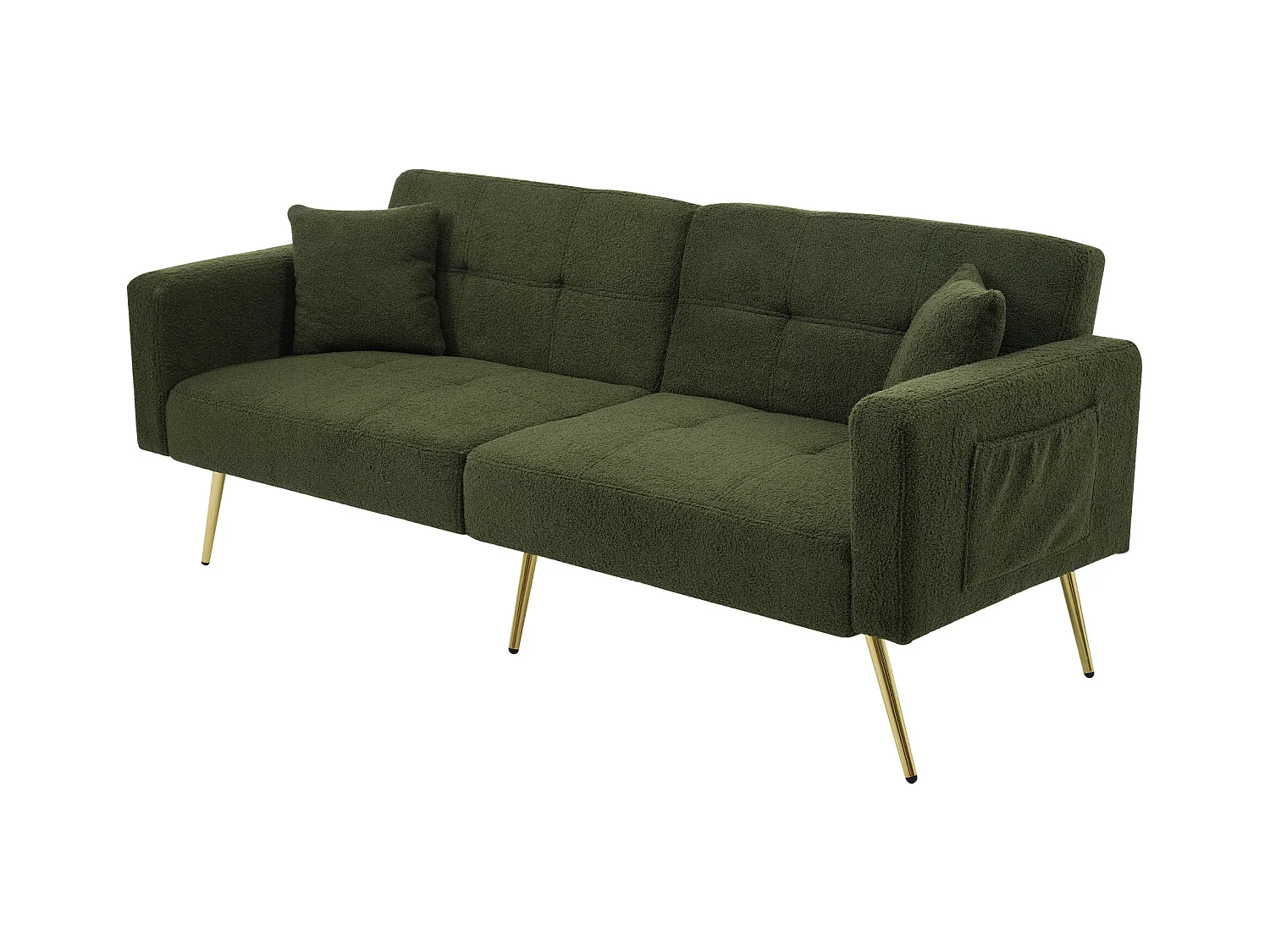 Canape 2 places vert - Canapé avec coussins et poches de rangement - pieds dorés - pour salon et chambre