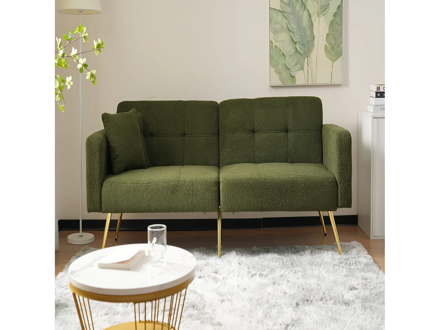 Canape 2 places vert - Canapé avec coussins et poches de rangement - pieds dorés - pour salon et chambre