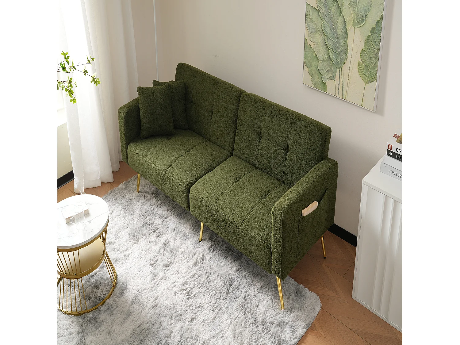 Canape 2 places vert - Canapé avec coussins et poches de rangement - pieds dorés - pour salon et chambre