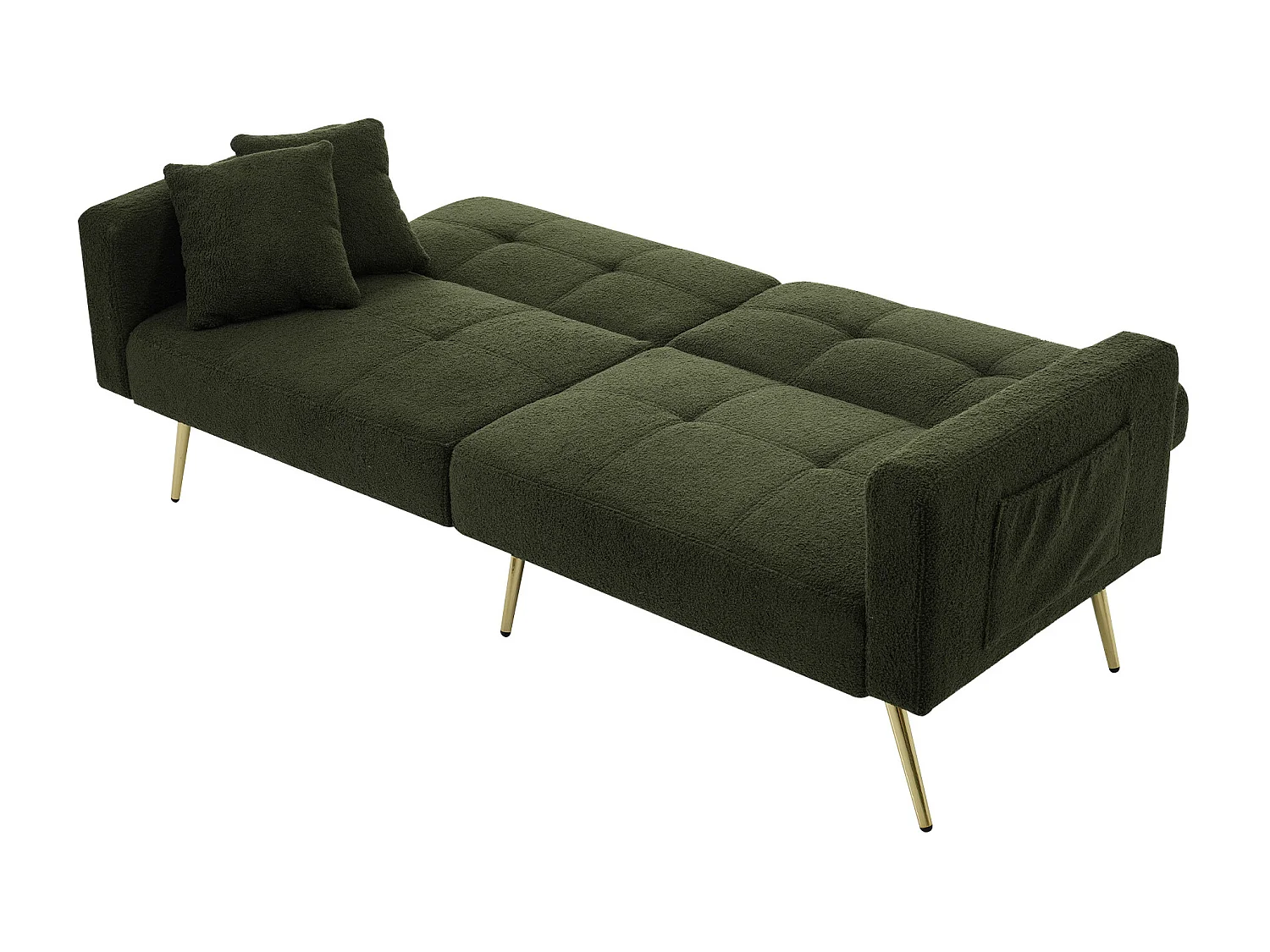 Canape 2 places vert - Canapé avec coussins et poches de rangement - pieds dorés - pour salon et chambre