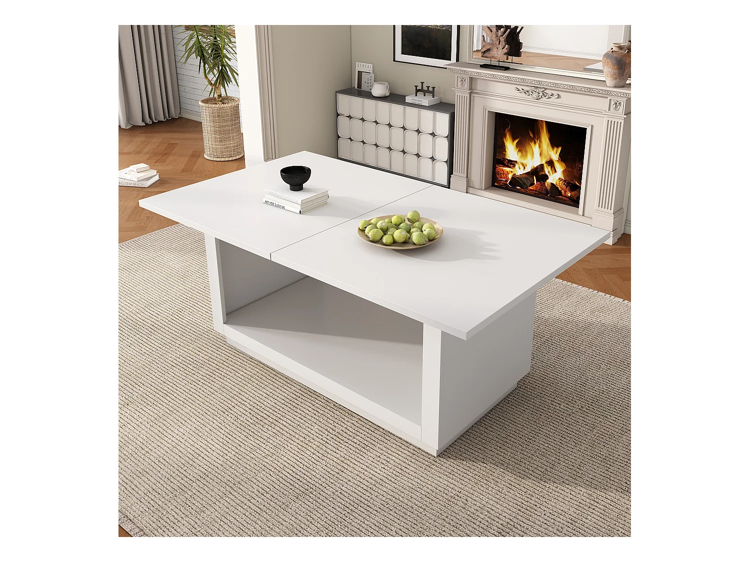 Table à manger rectangulaire blanc - Table à manger avec rangement - plateau extensible - pour salle à manger et salon