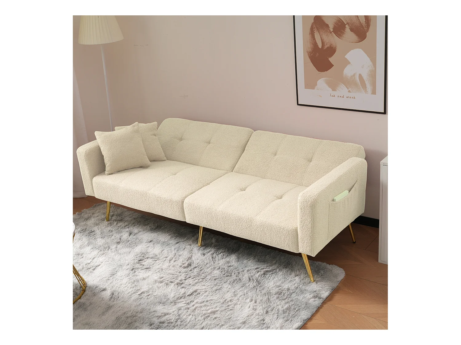 Sofá relax beige - Sofá con cojines y bolsillos de almacenamiento - patas doradas - para sala de estar y dormitorio