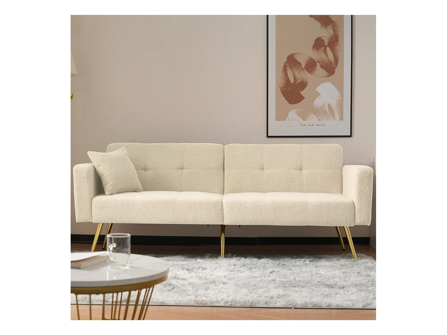 Sofá relax beige - Sofá con cojines y bolsillos de almacenamiento - patas doradas - para sala de estar y dormitorio