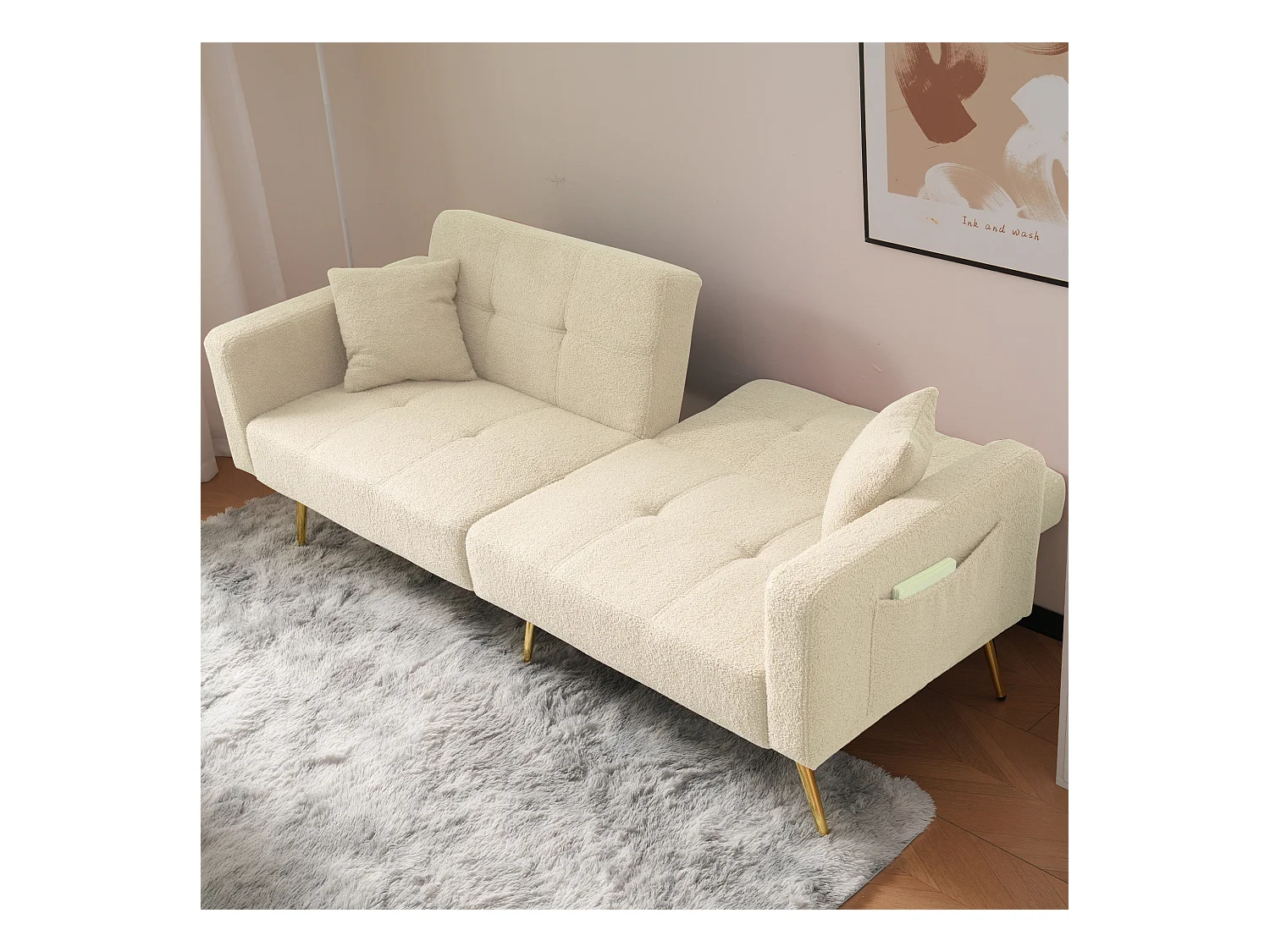 Sofá relax beige - Sofá con cojines y bolsillos de almacenamiento - patas doradas - para sala de estar y dormitorio