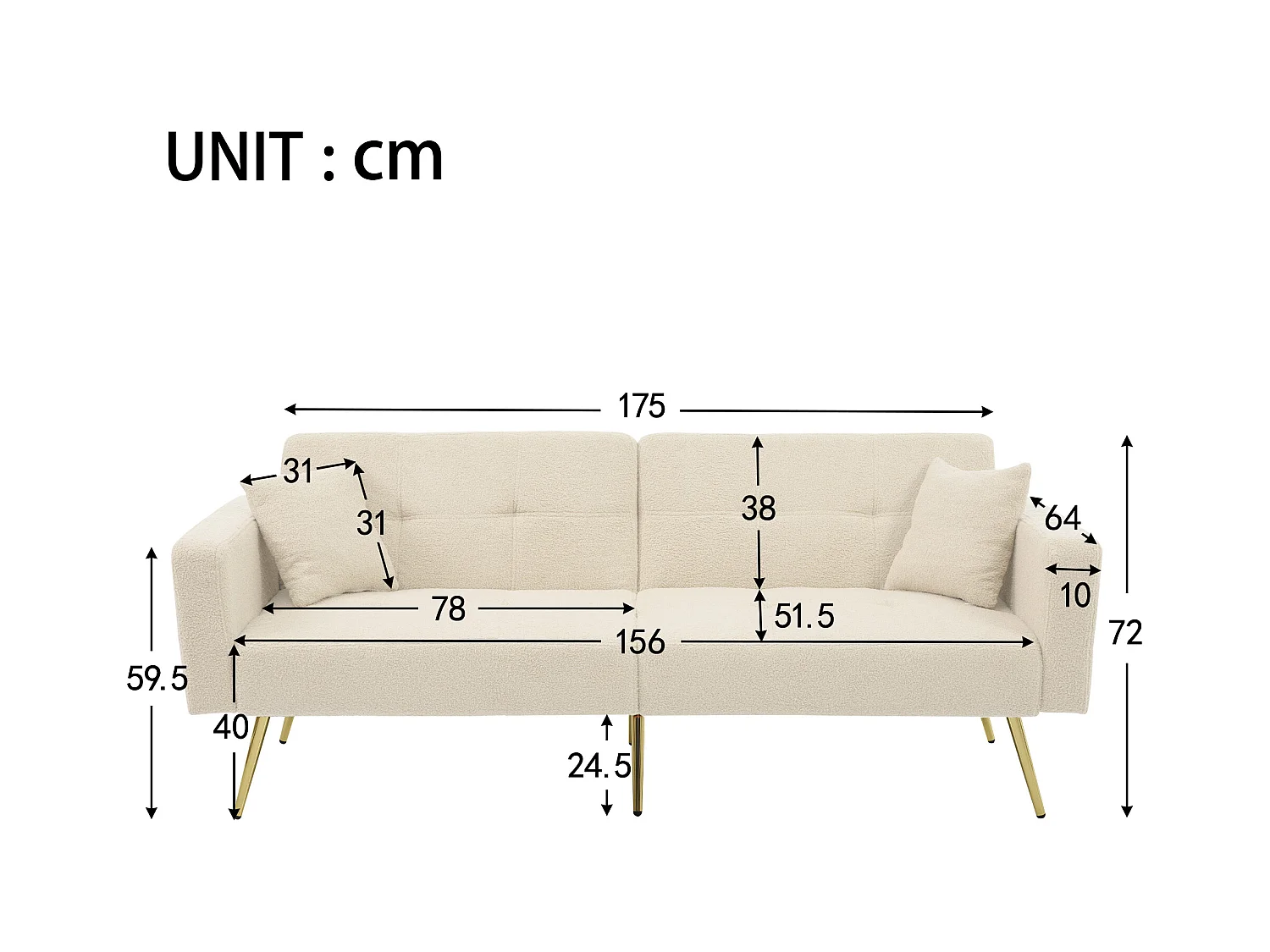 Sofá relax beige - Sofá con cojines y bolsillos de almacenamiento - patas doradas - para sala de estar y dormitorio