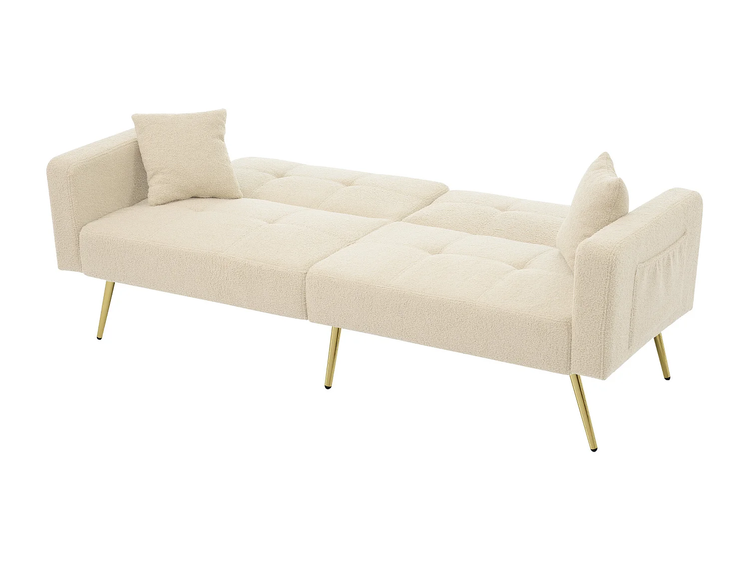 Canape 2 places beige - Canapé avec coussins et poches de rangement - pieds dorés - pour salon et chambre