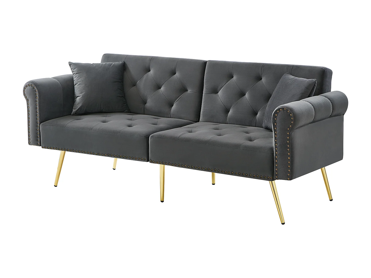 Canape 2 places gris - Canapé avec dossier réglable et accoudoirs - 6 pieds en métal - pour salon et chambre