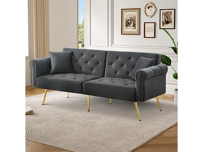 Canape 2 places gris - Canapé avec dossier réglable et accoudoirs - 6 pieds en métal - pour salon et chambre