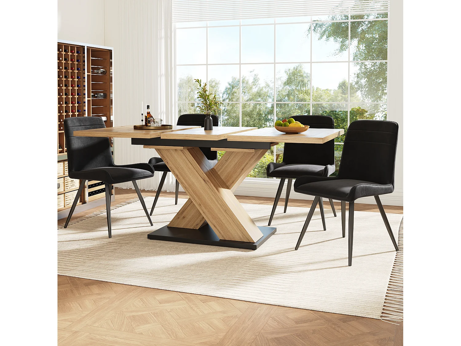 Table à manger rectangulaire - Table à manger avec pieds en X et plateau en bois - rétractable - pour cuisine et salon