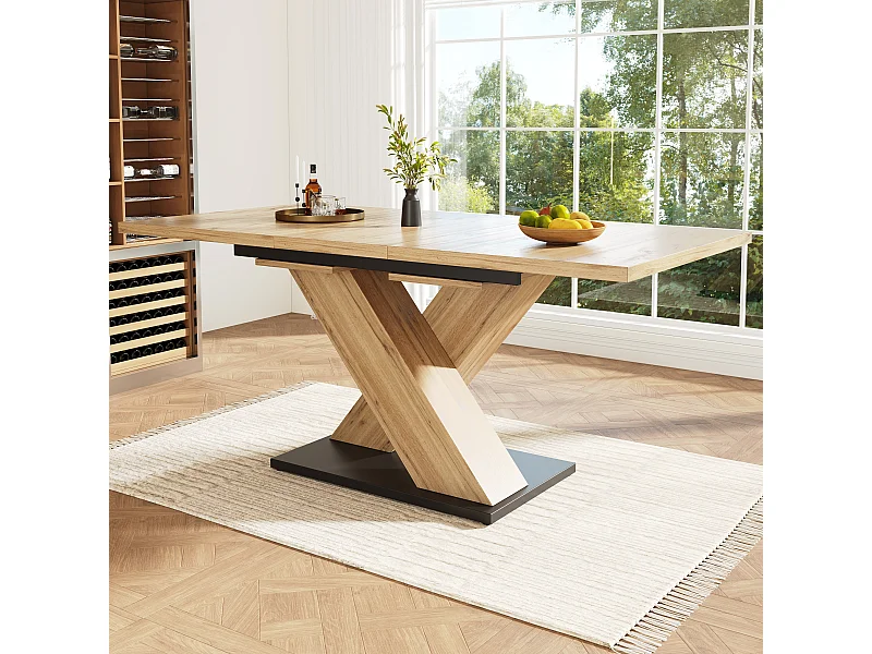 Table à manger rectangulaire - Table à manger avec pieds en X et plateau en bois - rétractable - pour cuisine et salon