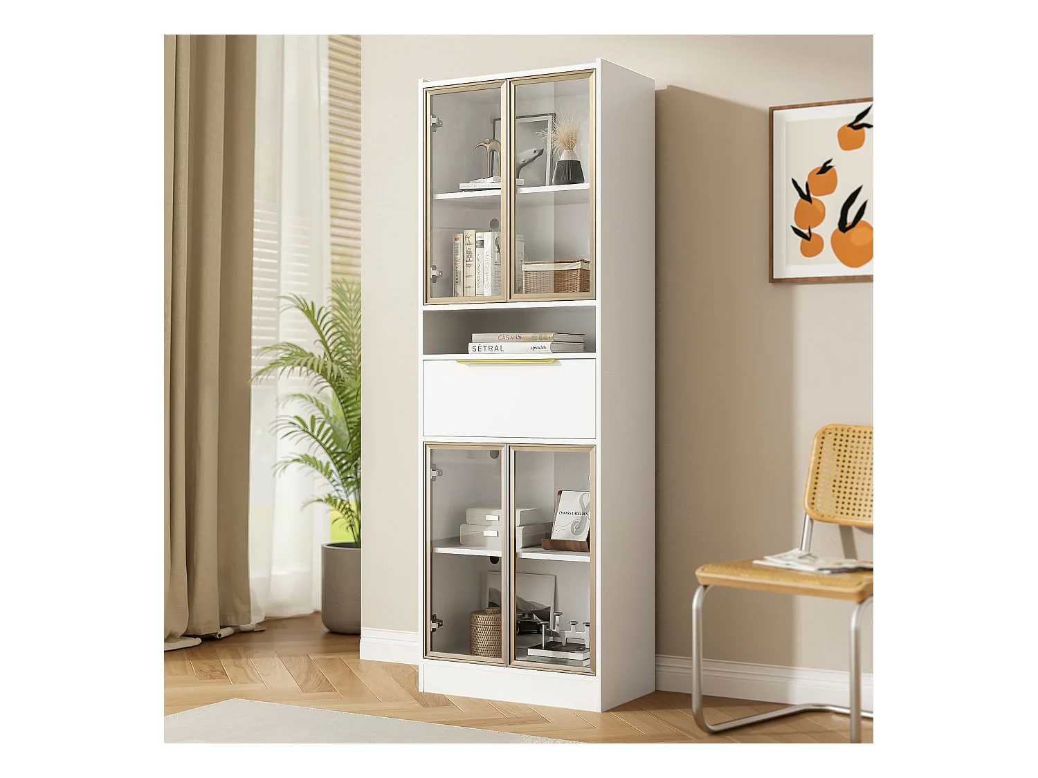 Vitrine blanche - Vitrine avec 4 portes vitrées et 1 tiroir - éclairage LED et Bluetooth - pour salon et chambre