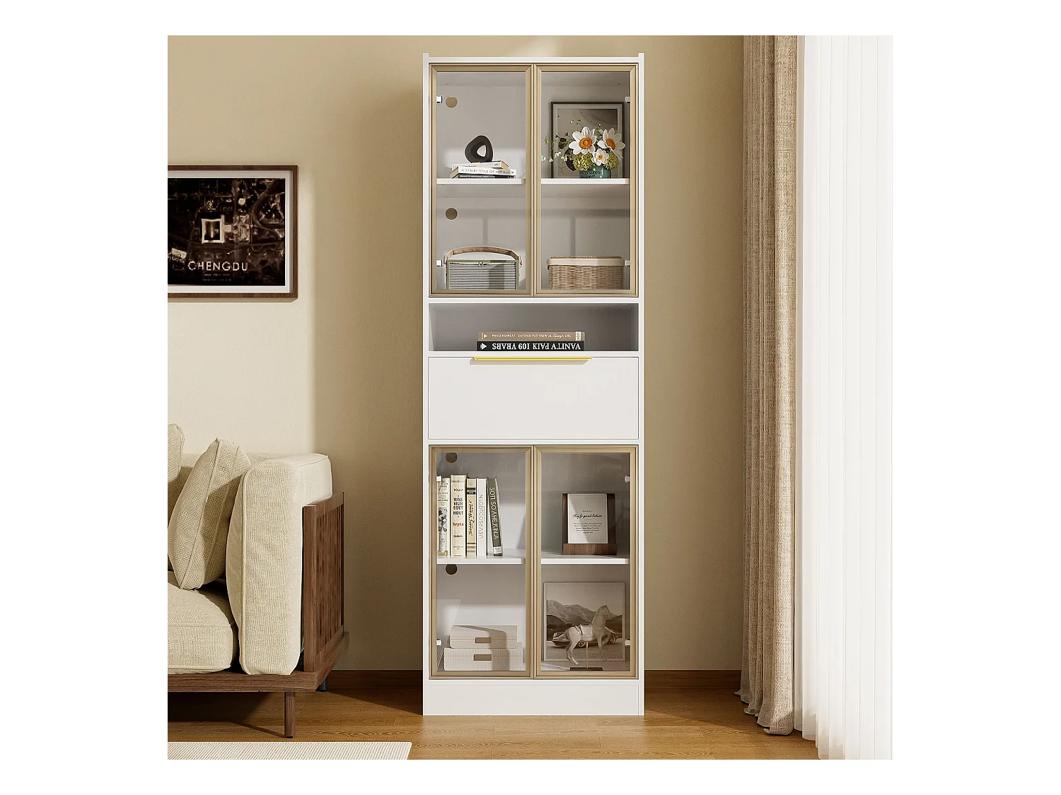 Vitrine blanche - Vitrine avec 4 portes vitrées et 1 tiroir - éclairage LED et Bluetooth - pour salon et chambre