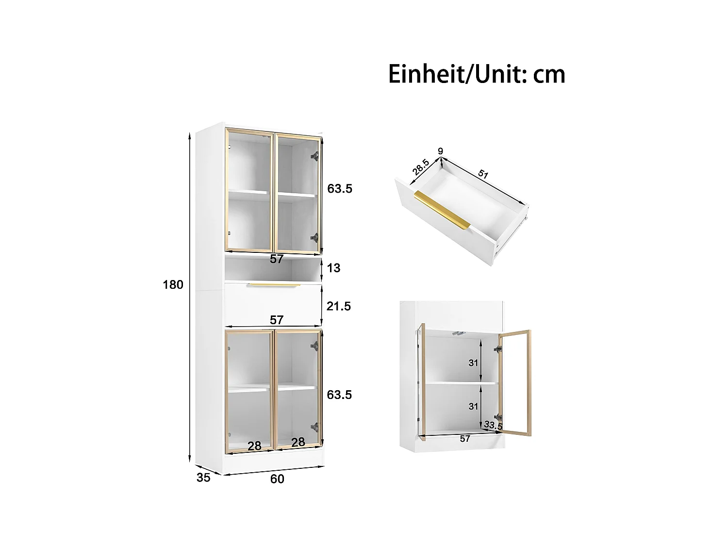 Vitrine blanche - Vitrine avec 4 portes vitrées et 1 tiroir - éclairage LED et Bluetooth - pour salon et chambre