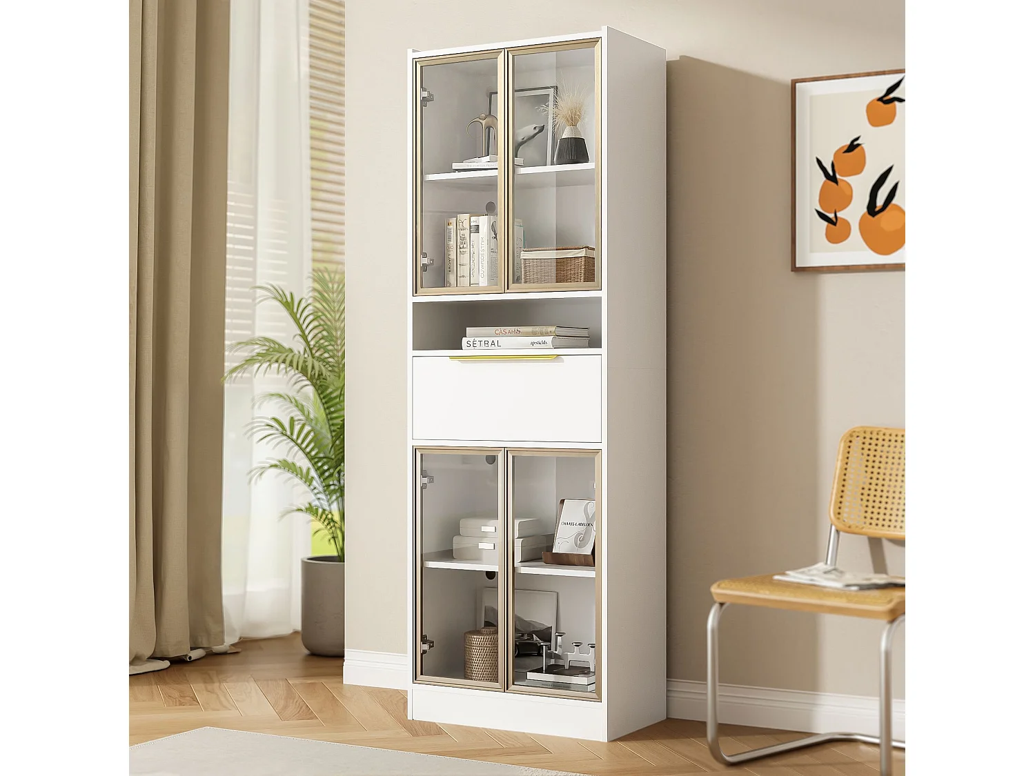 Vitrine blanche - Vitrine avec 4 portes vitrées et 1 tiroir - éclairage LED et Bluetooth - pour salon et chambre