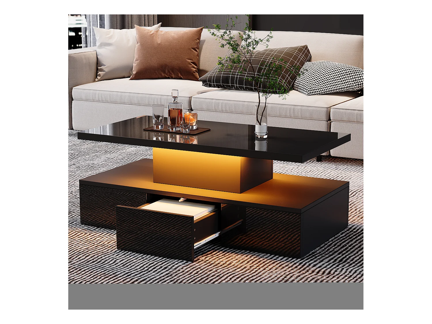 Table basse rectangulaire noire - Table basse avec éclairage LED et 1 tiroir - étagère d'exposition ouverte - pour salon