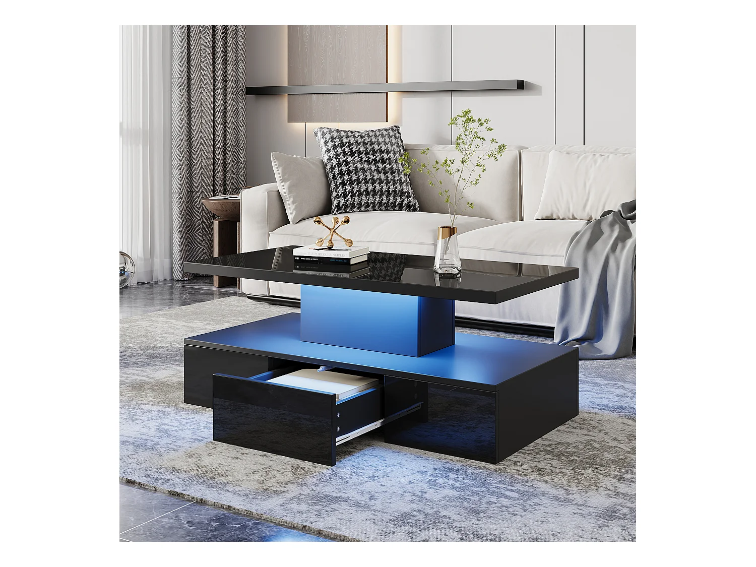 Table basse rectangulaire noire - Table basse avec éclairage LED et 1 tiroir - étagère d'exposition ouverte - pour salon