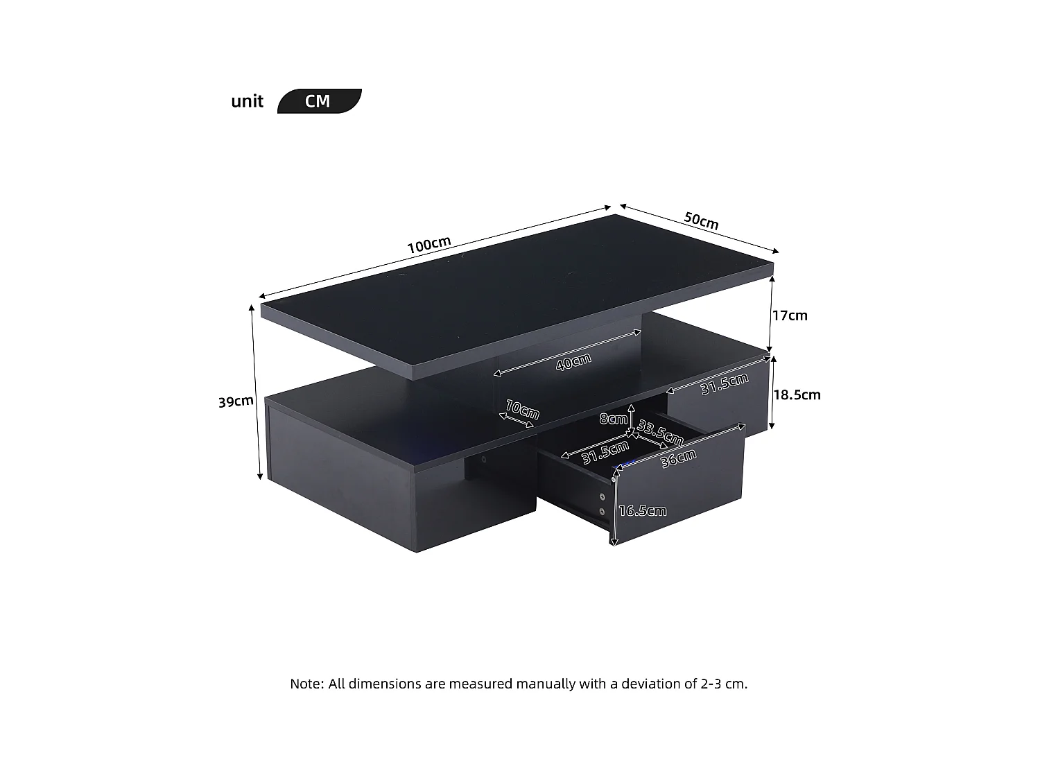 Table basse rectangulaire noire - Table basse avec éclairage LED et 1 tiroir - étagère d'exposition ouverte - pour salon