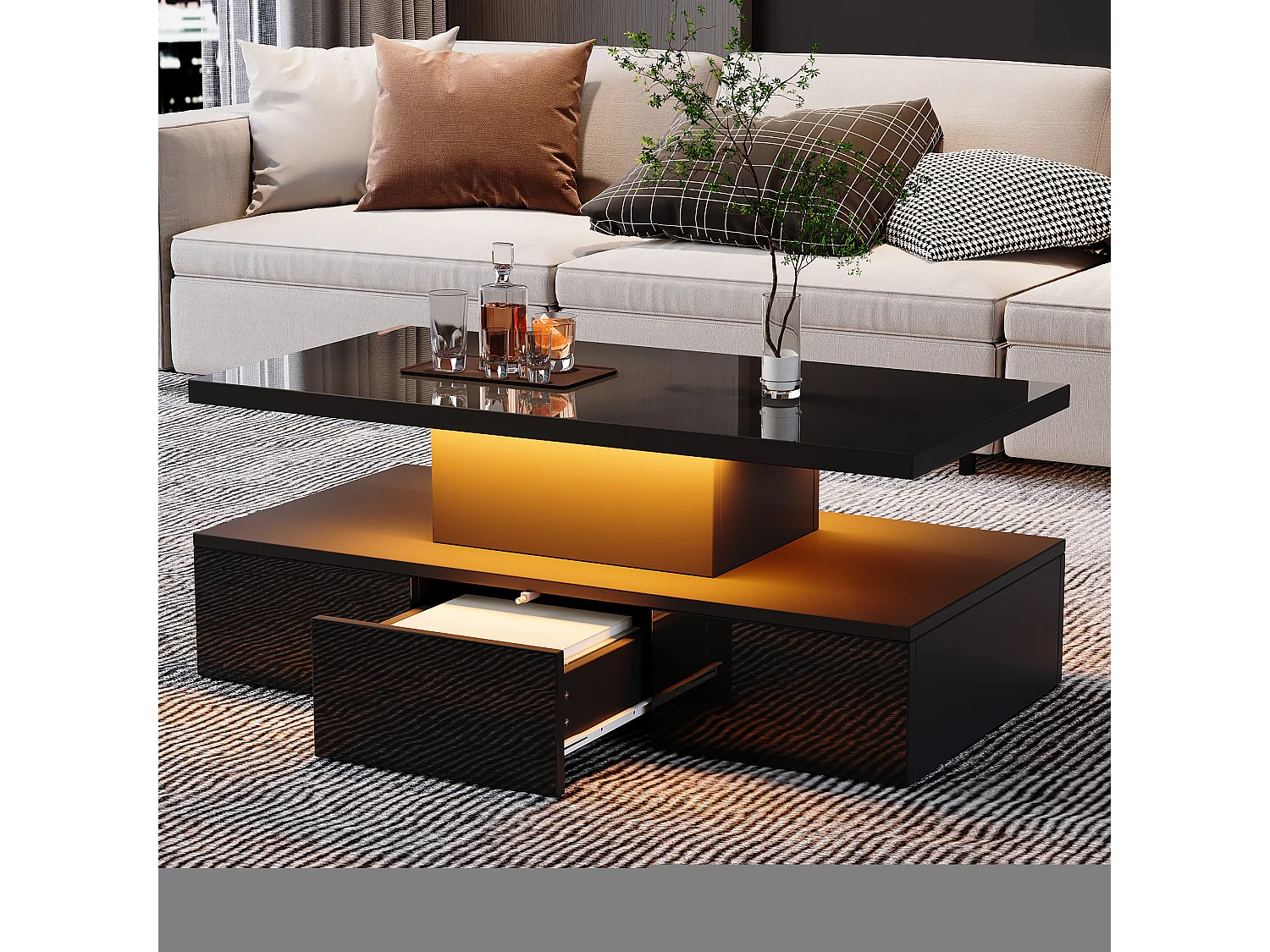 Zwarte rechthoekige salontafel - salontafel met ledverlichting en 1 lade - open displayplank - voor woonkamer